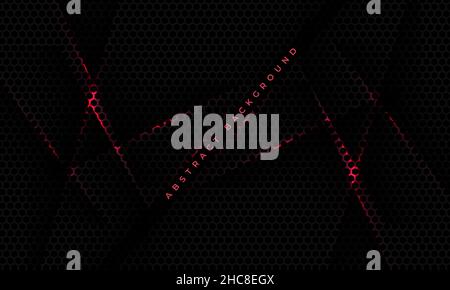 Black hexagon carbon fiber sports gaming tech background with red crimson lines and shadows. Technology honeycomb abstract vector background Hexagonal Stock Vector