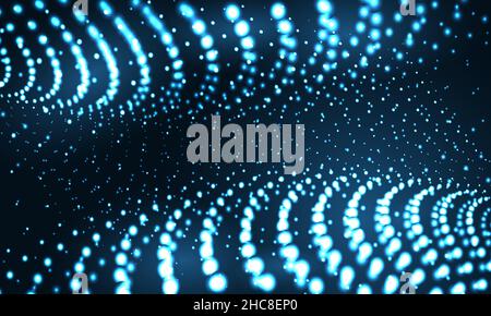 Digital abstract technology blue circle particle dots wave in vector dark background. Hi tech particles wire network concept. Futuristic technology Stock Vector
