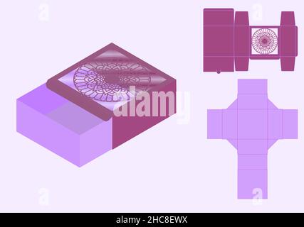 Mandala detailed packaging box die cut template. Laser cut lines. Cut and Fold Box template, Self Lock, Packaging Design, Valentine's Day Gift Box. Stock Vector