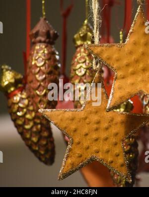 various Christmas tree decorations trimmed on Old Stock Photo