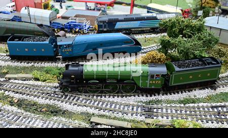 Models of the  two most famous steam locomotives in the world, The Flying Scotsman and Mallard. Stock Photo