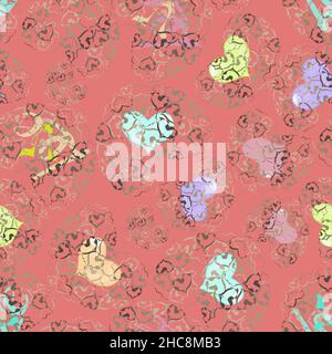 seamless pattern of multicolored small and large hearts on salmon background Stock Vector