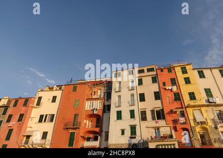 Colorful facades of houses in the historic center of Porto Venere, Liguria region of Italy Stock Photo