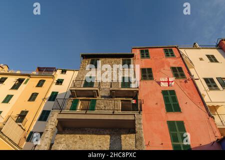 Colorful facades of houses in the historic center of Porto Venere, Liguria region of Italy Stock Photo
