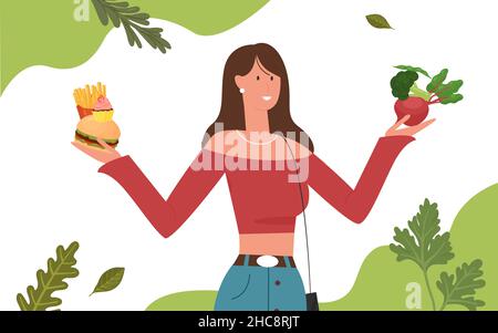 Woman choosing between healthy and unhealthy food vector illustration. Cartoon adult female character holding vegetables and fastfood in hands, girl thinking about diet. Choice for body health concept Stock Vector