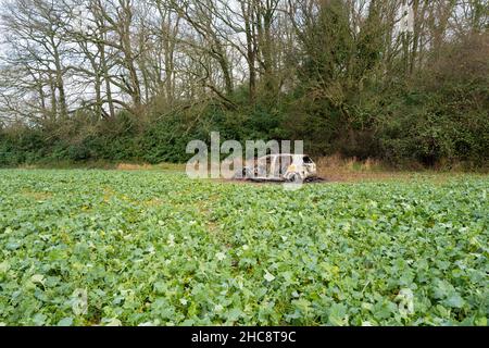 Burnt Out Volkswagen Golf GTi Car in Field Stock Photo