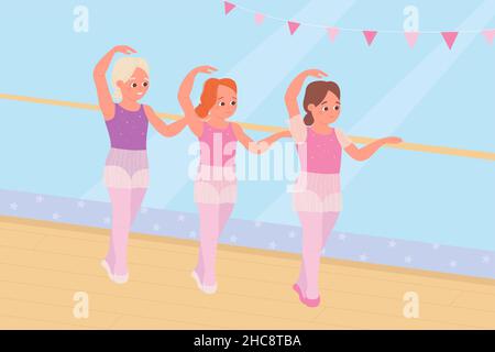 Kids in ballet school or studio vector illustration. Cartoon group of cute young ballerinas in pink dress practice ballet dance to music, small dancer girls dancing. Choreography, childhood concept Stock Vector