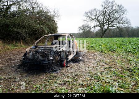 Burnt Out Volkswagen Golf GTi Car in Field Stock Photo