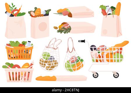 Grocery food products set vector illustration. Cartoon paper bag, basket and supermarket cart full of goods purchases, healthy fruits, bread and vegetables, ingredients for cooking isolated on white Stock Vector