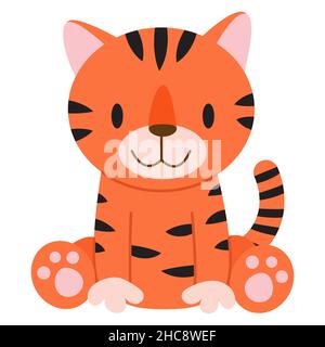 Cute cartoon little tiger. Illustration for cards, clothes, baby shower, textile and books. Children design and decor element. Positive funny print Stock Vector