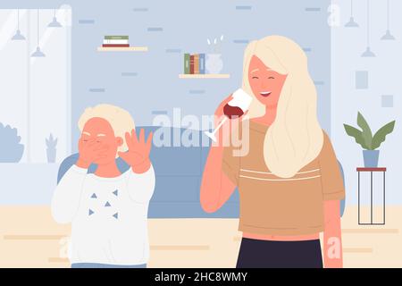 Kid angry about mother drinking wine at home vector illustration. Cartoon unhappy boy in stress by alcoholism problems of mom, drunk woman with glass. Alcohol drug addiction, family abuse concept Stock Vector