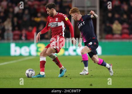 MIDDLESBROUGH, UK. DEC 26TH Middlesbrough's Matt Crooks in action with Nottingham Forest's Jack Colback during the Sky Bet Championship match between Middlesbrough and Nottingham Forest at the Riverside Stadium, Middlesbrough on Sunday 26th December 2021. (Credit: Mark Fletcher | MI News) Credit: MI News & Sport /Alamy Live News Stock Photo