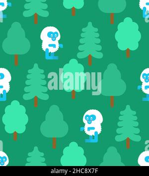 Cute yeti in forest pattern seamless. small bigfoot cartoon background. Baby fabric texture Stock Vector