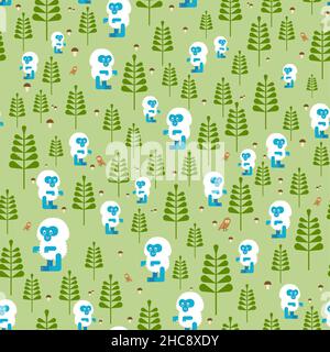 Cute yeti in forest pattern seamless. small bigfoot cartoon background. Baby fabric texture Stock Vector