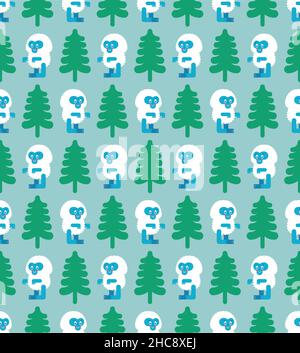 Cute yeti in forest pattern seamless. small bigfoot cartoon background. Baby fabric texture Stock Vector