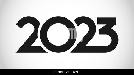 A Happy New Year 2023 congrats. Creative typography. Simple logotype concept. Abstract isolated graphic design template. Digits in monochrome style. Stock Vector