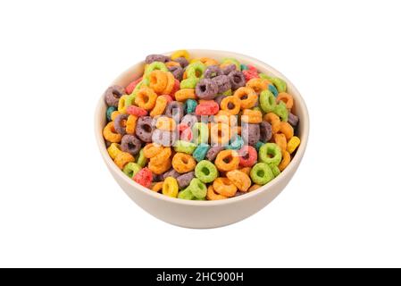 Colorful rings cereal spill out into a bowl. Breakfast. Isolated on a white background. Stock Photo