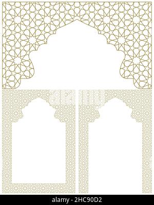 A set of three design elements. Two frames and an arch . Ornament in Arabic geometric style Stock Vector