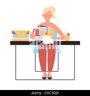 Professional seamstress working at the sewing machine. Tailor altering and creating fashion clothes flat vector illustration Stock Vector