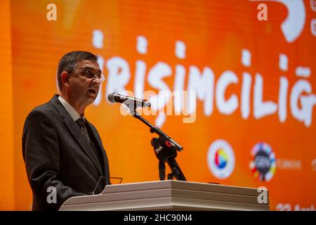 December 23, 2021, Gaziantep, Southeast Anatolia, Turkey: Gaziantep, Turkey. 23 December 2021. GSO Chairman of the Board Adnan Ãœnverdi speaks at the G3 Forum at the Congress and Art Center in the southern Turkish city of Gaziantep. The event, which aimed at raising awareness on entrepreneurship and spread the entrepreneurial culture, was attended by Turkish officials, NGO representatives, business people, and entrepreneurs. The Forum was hosted by Gaziantep Chamber of Industry (GSO), Gaziantep Chamber of Commerce (GTO) and Gaziantep Commodity Exchange (GTB), while being coordinated by the Uni Stock Photo