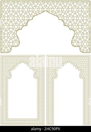 A set of three design elements. Two frames and an arch . Ornament in Arabic geometric style Stock Vector