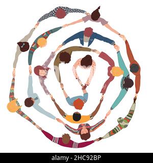 Chain of group of isolated people in a circle from divers cultures holding hands.Cooperation and teamwork.Community of friends or volunteers. Top view Stock Vector