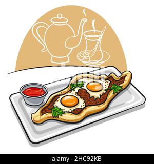 turkish egg-topped pide flatbread baked with minсe, eggs and hot tea Stock Vector