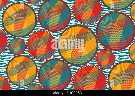 African Wax Print fabric, Ethnic handmade ornament for your design, Afro Ethnic circles and tribal motifs geometric elements. Vector texture, Africa Stock Vector