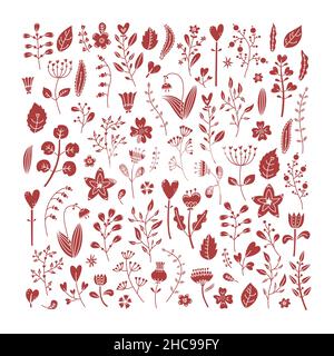 Vector set of flowers and plants for Valentine's Day in the simple style. Stock Vector