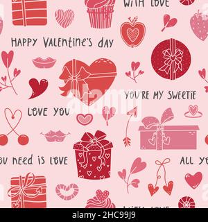Vector seamless pattern with hearts, gifts and kisses for Valentine's Day in the simple style. Stock Vector