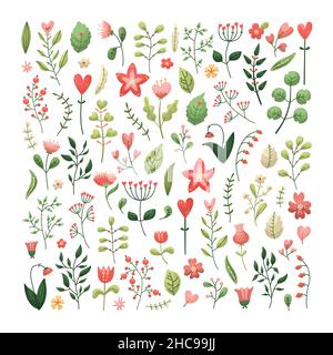 Vector set of flowers and plants for Valentine's Day in the flat style Stock Vector