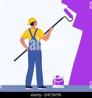 Painter man painting house wall with roller brush. Worker guy using paint-roller and paint cans. Decorator job, interior renovation service. Flat vect Stock Vector