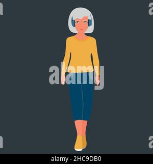 Blonde girl in headphones listens to music. Young woman walking down the street. Flat hand drawn cartoon character. Vector, white Stock Vector