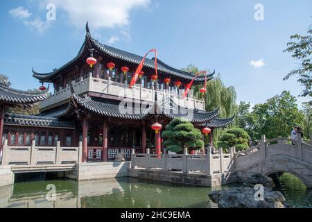 Landscape of Chinese tea house in Luisenpark Mannheim Baden Wurttemburg Stock Photo