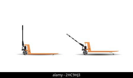 A set of vector images of jacks for moving pallets in the lowered and raised position. Flat vector illustration Stock Vector