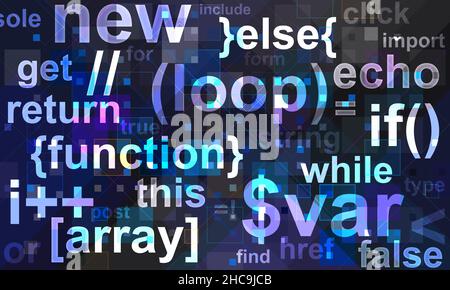 An abstract colorful theme with square shapes, concentrated in the center of the image and programming titles at the front Stock Photo