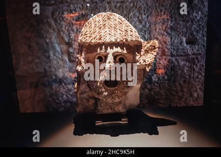 26 August 2021, Andriake, Turkey: Ancient Greek drama face mask in the Museum of Lycian Civilization Stock Photo