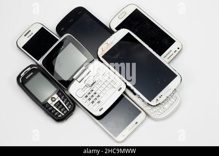 Old mobile phones isolated on a white background. Stock Photo