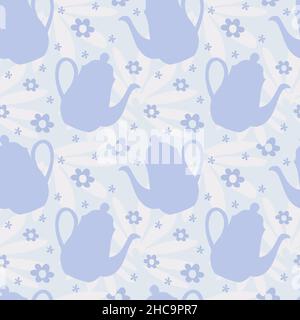 Teapot seamless pattern. Blue background with teapot silhouettes. Stock Vector