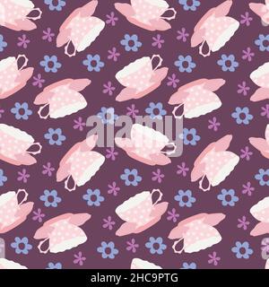 Tea cup seamless pattern. Brownish purple background with pink elegant tea cups. Stock Vector