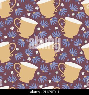 Tea cup seamless pattern. Brownish purple background with yellow tea cups. Stock Vector