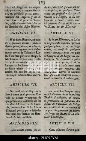 'Treaty of Brussels'. Act of accession to the Treaty of Alliance between King Philip V of Spain and Louis XIV of France with the Elector of the Archbishopric of Cologne, José Clemente of Bavaria, in Brussels on 13 February 1701, ratified at the Buen Retiro Palace on 7 April of that year. Cologne pledged its diplomatic and military aid to the Franco-Spanish coalition on eve of the imminent War of the Spanish Succession (1701-1713). Articles VI and VII. Collection of the Treaties of Peace, Alliance, Commerce adjusted by the Crown of Spain with the Foreign Powers (Colección de los Tratados de Paz Stock Photo