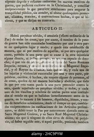 Accession by King Philip V of Spain to the Treaty of Vienna (18 November 1738) between Emperor Charles VI of Germany and Louis XV of France to end the War of the Polish Succession (1733-1738). Spain acceded the following year, signing at Versailles on 21 April 1739. It was ratified by King Philip V at Aranjuez the following 13 May. Article II (on perpetual oblivion or amnesty for wartime events). Collection of the Treaties of Peace, Alliance, Commerce adjusted by the Crown of Spain with the Foreign Powers (Colección de los Tratados de Paz, Alianza, Comercio ajustados por la Corona de España co Stock Photo