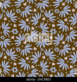 Blue flowers on dark brown background. Floral seamless pattern. Stock Vector