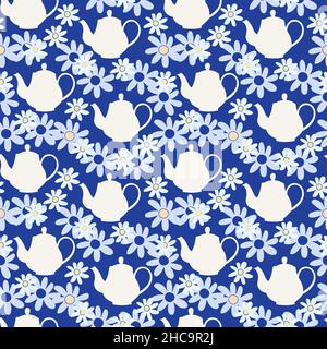 Teapot seamless pattern. Blue background with teapot silhouettes. Stock Vector