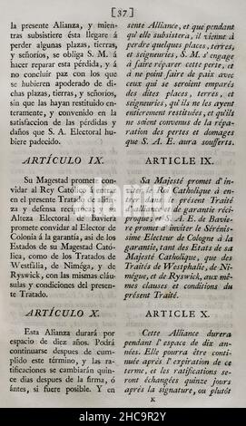 'Treaty of Versailles' (9 March 1701). Alliance between France and Bavaria, to which Spain acceded on 7 April 1701. The French King Louis XIV and Philip V of Spain, on the one hand, made an alliance with the elector of Bavaria, Maximilian II Emanuel, on the eve of the War of the Spanish Succession. The Elector of Bavaria would give political and military support to the Franco-Spanish coalition in the impending war, in exchange for the ceding in his favor from the Spanish Netherlands. Act of ratification and accession of King Philip V to the treaty of alliance concluded by the Elector of Bavari Stock Photo