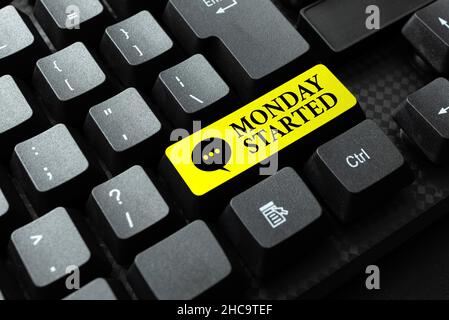 Text sign showing Monday Started. Word Written on getting ready for new week Rest is over lets begin work Abstract Creating Online Transcription Jobs Stock Photo