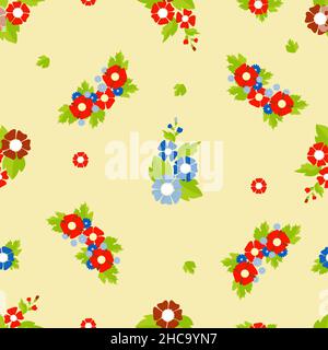 Seamless pattern. Floral pattern from decorative Red and blue flowers on light yellow background. Vector illustration. For decor, design, wallpaper Stock Vector