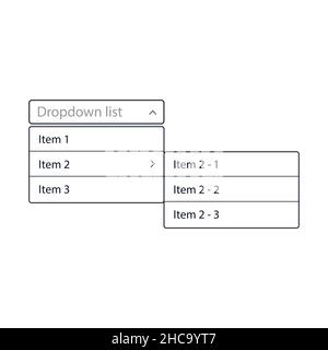 Drop-down list with menu items for the website. With a child drop-down list. The view is in the expanded state. User interface for the website and Stock Vector