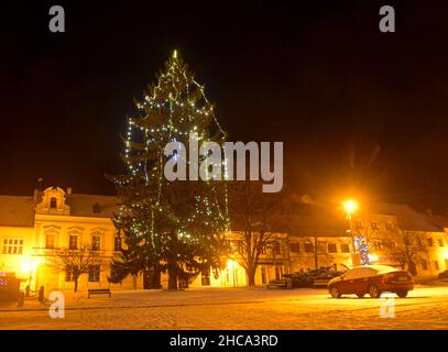 Decorated Christmas tree. Christmas tree on a town square in Hustopece, Czechia Stock Photo